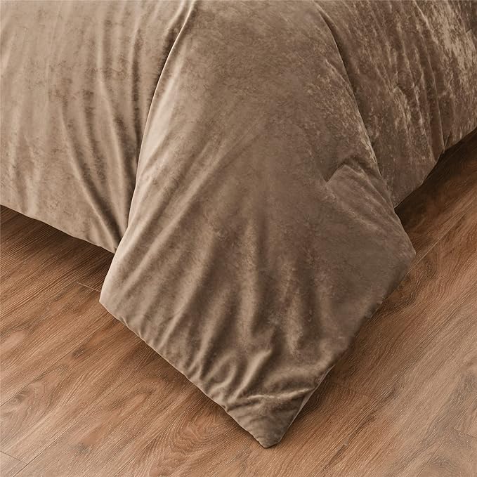 Fredsure Distressed Velvet Comforter Set, 5 Pieces Khaki King, Distressed Velvet Face and Brushed Microfiber Reverse
