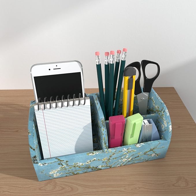 QIELIZI PU Leather Supply Organizer,Remote Control Holder Multifunctional Office Stationery Storage Box Organizer,Pencil Holders Organizers Table Top Desktop Desk Accessories(1-Peach Blossom)