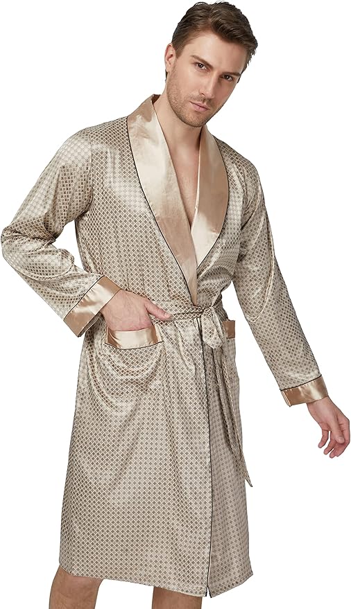 Tony & Candice Men's Satin Robe Lightweight Long Sleeve Silk Kimono Bathrobe with Shorts Set Sleepwear
