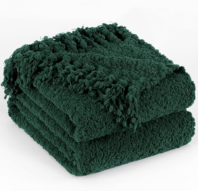 Throw Blanket for Couch, Dark Green Luxury Knitted Throws 60"x80", Textured Blankets with Handmade Fringe Tassels for Bed Sofa Decorative, Chunky Soft Farmhouse Boho Home Decor