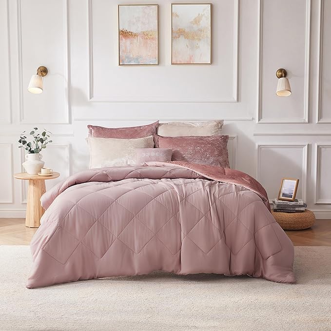Intelligent Design Twin Comforter Set, Velvet Comforter Set , Luxury Diamond Quilting Comforter Set, Fluffy Comforter Bed Set with Decorative Pillowand 1 Sham, 3 Piece Pink, Twin/Twin XL