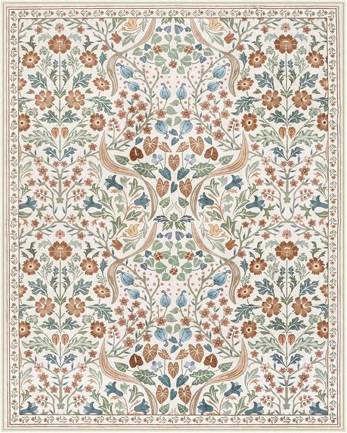 Lahome Claude Floral 8x10 Rugs for Bedroom, Washable Beige Area Rug for Nursery Playroom, Botanical Soft Boho Carpet for Kids Room, Living Room Indoor