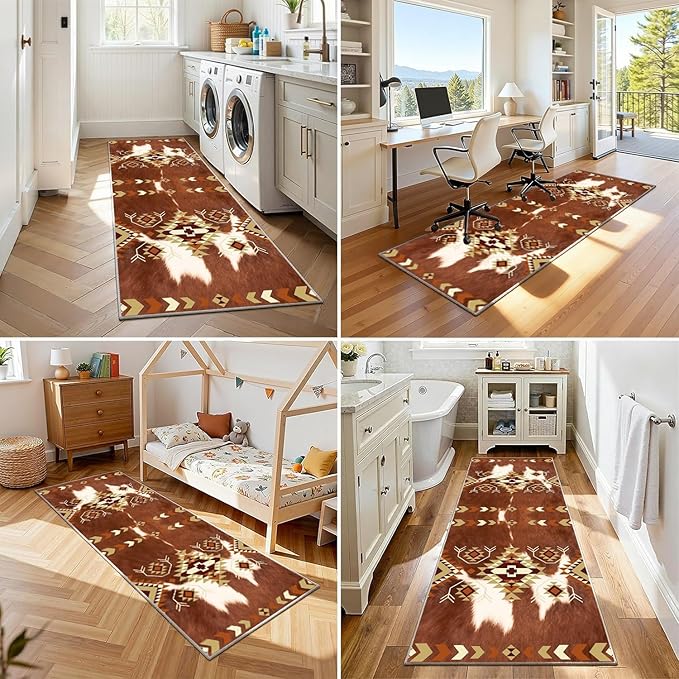 Cowhide Rugs for Kitchen,2.6x10ft,Cow Print Runner Rug for Hallway,Southwestern Decor Tribal Rug,Aztec Decor Western Rugs,Soft, Non-Slip, and Machine Washable Rustic Farmhouse Runner Carpet