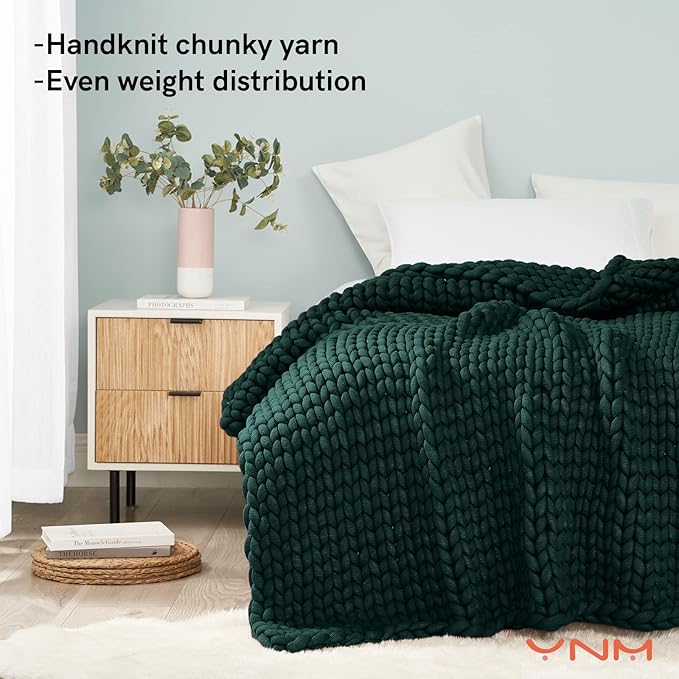 YnM Knitted Weighted Blanket, Handmade Chunky Knitted Design, Soft and Cozy, Temperature Regulating and Breathable, Machine Washable Throw for Sleep or Home Decor (Pacific Green, 50x60 Inch, 10lbs)