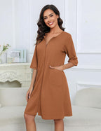Ekouaer Women Zipper Robes Knee Length Waffle Knit Bathrobe Lightweight House Coat with Pockets 3/4 Sleeves Loungewear S-3XL