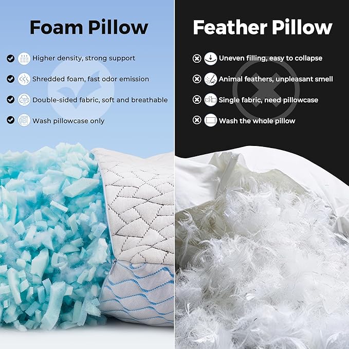 puredown® Pillows Queen Size Set of 2, Shredded Memory Foam Pillows, Cooling Foam Pillow for Sleeping, Soft Bed Pillow Queen Size with Adjustable Foam for Side, Back and Stomach Sleepers