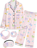 EPLAZA Kids Satin Pajamas Sets Girls Boys Button-Down Silky Pajamas Sleepwear with Hairband Eye Mask Hair Tie