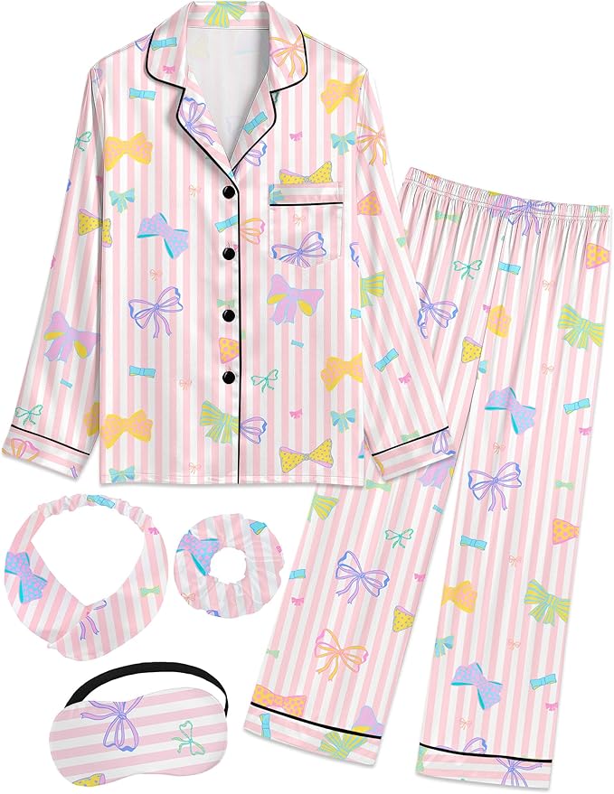 EPLAZA Kids Satin Pajamas Sets Girls Boys Button-Down Silky Pajamas Sleepwear with Hairband Eye Mask Hair Tie