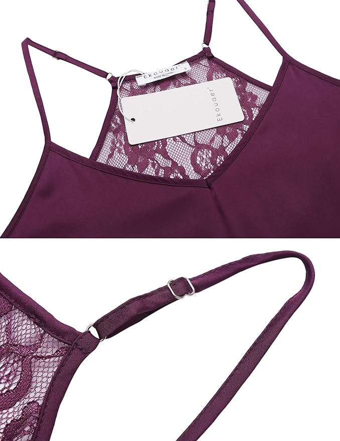 Ekouaer Satin Pajamas Women Lace Sleepwear Lingerie Cami Shorts Set Nightwear XS-XXL
