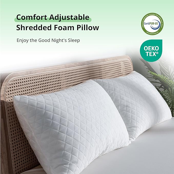EGOHOME Shredded Memory Foam Pillows, Adjustable Bed Pillows for Side, Back or Stomach Sleepers, Neck Pillows for Sleeping, Queen Size Pillow with Removable Cover (2 Pack)