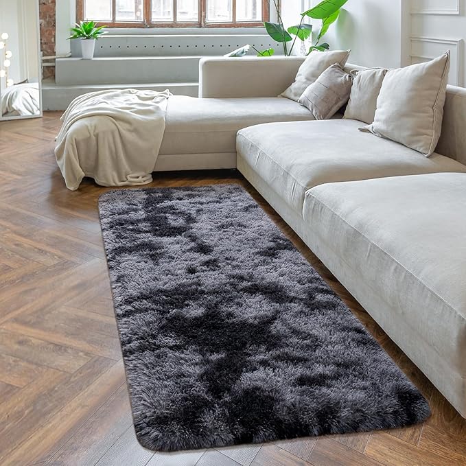 Softlife Area Rug for Bedroom, Fluffy Shag Plush Tie Dyed Rainbow Black for Living Room Girls, Shaggy Throw Carpet for Kids Soft Fuzzy Runner Small 2x6 Runners for Hallways Dorm