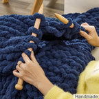 WESHIONGOO Chunky Knit Blanket Throw 51"×63" Knitted Throw Blankets for Couch Bed Fluffy Soft Blanket with Jumbo Chenille Yarn Thick 100% Handmade (Navy Blue)