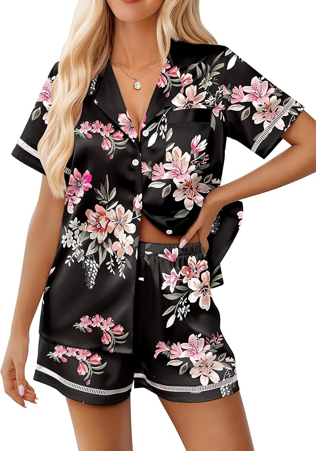 Ekouaer Womens Silk Pajama Sets Button Up Satin Pjs Short Sleeve 2 Piece Pj Sets Cute Lounge Sets with Chest Pocket