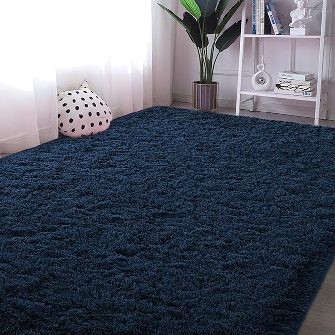 Navy Blue Runner Area Rugs for Bedroom Living Room, 2x6 Feet Fluffy Bedside Rugs, Soft Shaggy Carpet Rug for Kids Room Nursery, Furry Cute Rugs for Girls Boys Dorm Room Home Decor