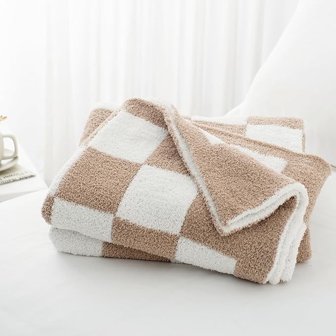 Carriediosa Checkered Throw Blanket 50" X 60", 400GSM Ultra Soft Microfiber Fuzzy Fluffy Reversible Cute Preppy Knitted Blankets Cozy Plush Fall Throws for Couch, Bed, Sofa, Taupe