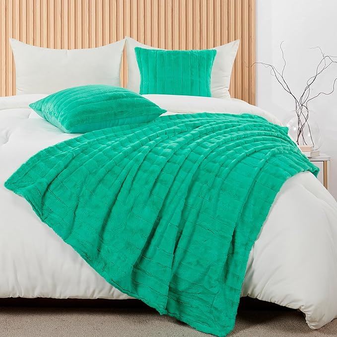 Striped Throw Blanket and Pillow Covers Set (No Inserts) for Couch and Bed, Plush Warm Lightweight Fuzzy Faux Fur Blanket for All Seasons (50" x 60", Green)
