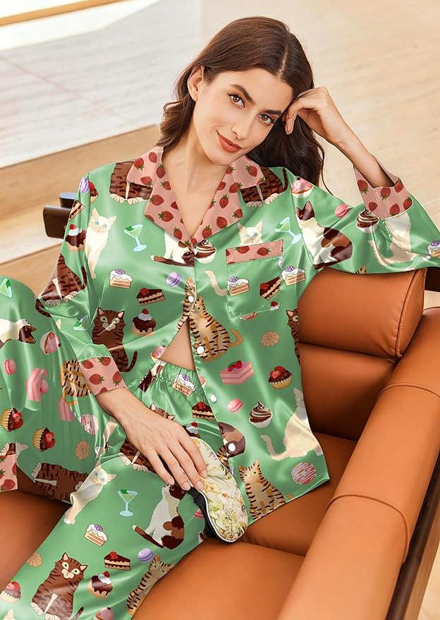 Ekouaer Silk Pajamas for Women Long Sleeve Satin Pajama Set Silky Pj Sets 2 Piece Button Down Loungewear Sleepwear