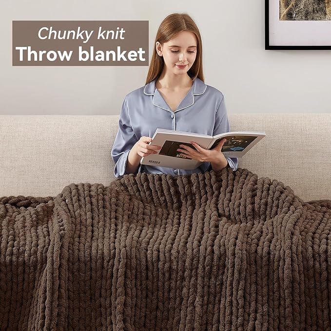 Negwoo Chunky Knit Throw Blanket, 40''*50'' Knitted Throw Chenille Yarn for Bed Couch, Handmade Dark Brown Crochet Big Thick Blanket, Machine Washable Cute Comfy Blanket for Home Decor
