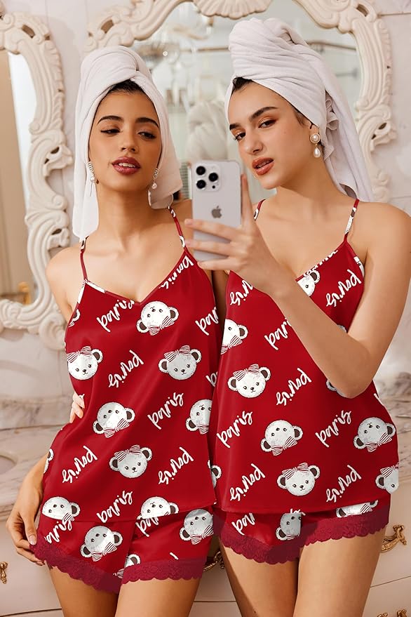 Ekouaer Satin Pajamas Women Lace Sleepwear Lingerie Cami Shorts Set Nightwear XS-XXL