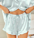 HOTOUCH Womens Satin Pajamas Set Button Down 2 Piece Silk Pjs Shorts Set Ruffle Lingerie Notch Collar Sleepwear