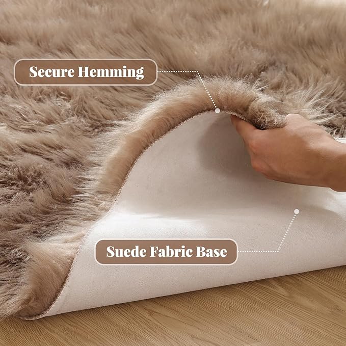 ORINOVA Faux Sheepskin Beige 3x5 Fluffy Fur Washable Area Rugs for Bedroom Shaggy Carpet for Living Room Nursery Rug Cute Home Décor