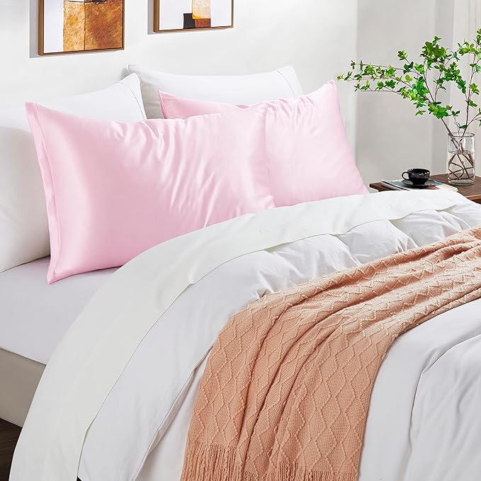 Satin Pillowcases with Zipper （20x26）,Standard Size Pillowcases Set of 2, Pink Silk Pillowcase for Hair and Skin