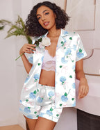 Ekouaer Womens Satin Silk Pajamas Set Short Sleeve Sleepwear Button Down Top and Shorts Loungewear 2 Piece Pjs Set S-XXL