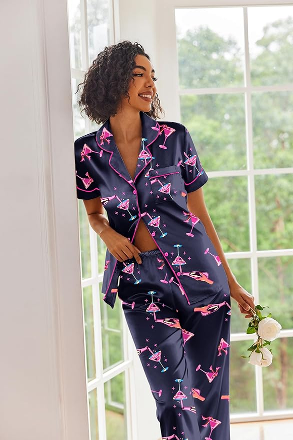 Ekouaer Silk Satin Pajamas Set Women Short Sleeve Sleepwear Soft Button Down Loungewear Pjs Set