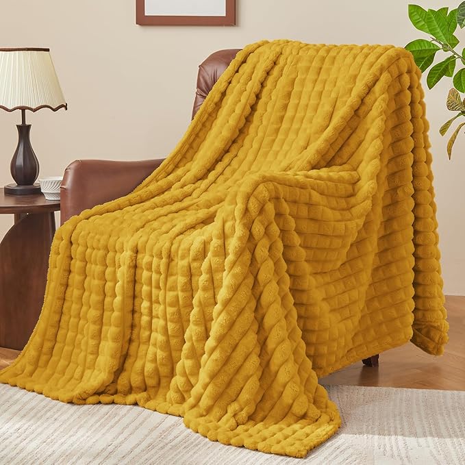 BEDELITE Mustard Yellow Throw Blanket Twin Size for Bed- Super Soft and Warm 3D Checkered Fluffy Fuzzy Fleece Blanket, Luxurious Plush Cozy Blanket for Room Decor Fall and Winter, 60x80 inches