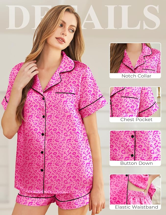 Silk Pajamas for Women Short Sleeve Sleepwear Soft Button Down Loungewear 2 Piece Satin Pjs Shorts Set S-XXL