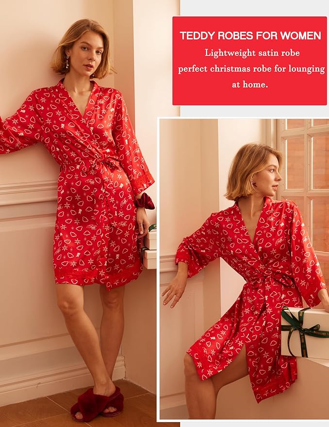 Ekouaer Women's Lace-Trim Silk Robes Bride Bridesmaid Kimono Satin Bathrobe V Neck Sleepwear with 3/4 Sleeve
