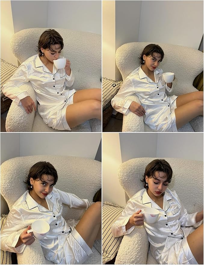 Ekouaer Satin Pajama Set for Women Button Down Pj Set Long Sleeve Top and Shorts 2 Piece Loungewear Summer Soft Sleepwear