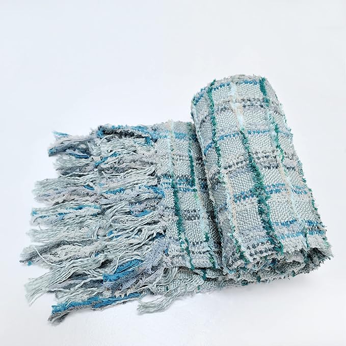 Multicolored Chenille Knitted Throw Soft Cozy Fluffy Reversible Boho Plaid Throw Blanket with Tassels for Couch Chair Bed Cover Living Room Bedroom Décor, 50" x 60", Gray Blue
