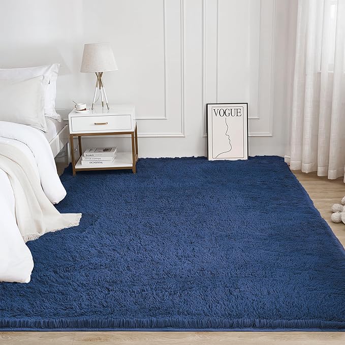 Litanika 4x6 Shag Area Rug for Living Room Bedroom, Dark Blue High Pile Ultra Soft Plush Shaggy Furry Bedside Playroom Dorm Carpet, Non-Slip, Non-Shedding Modern Indoor Floor Rug