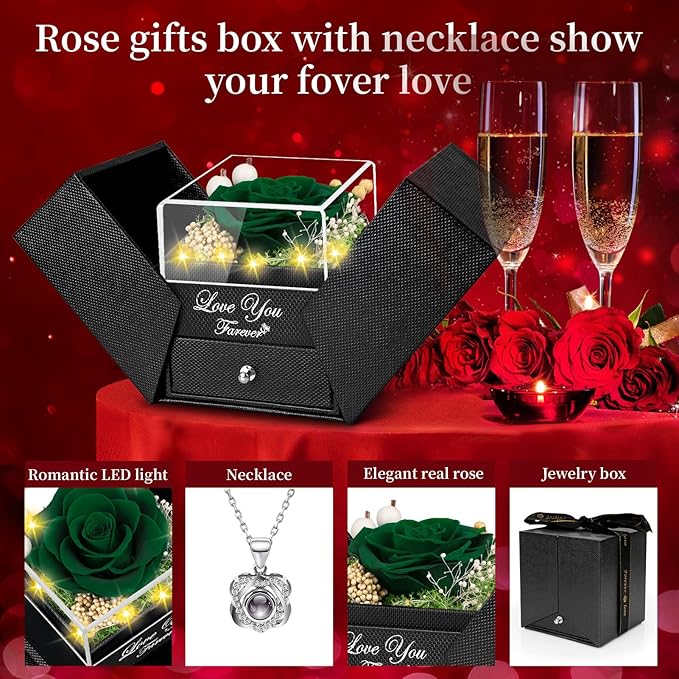 Lebana Preserved Blackish Green Real Rose with Heart I Love You Necklace -Eternal Flowers Rose Birthday Gifts for Women Her Mom Wife Girlfriend Grandma on Valentines Mothers Day Christmas Anniversary