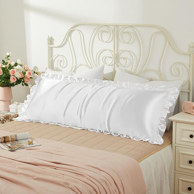 White Satin Pillowcases Body Pillow for Hair and Skin,White Body Pillow Silk Pillowcase with Envelope Closure Princess Room Decoration