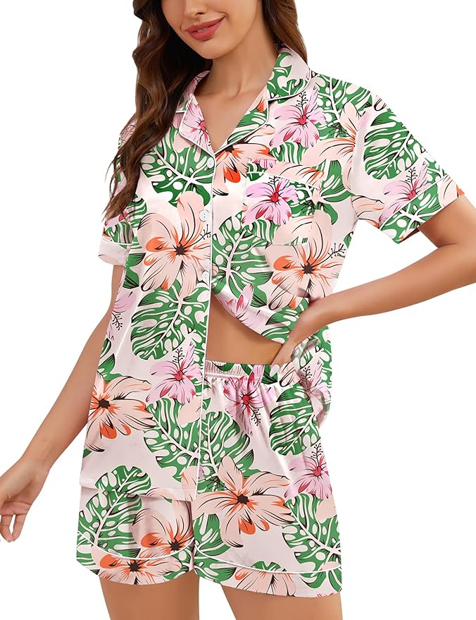 SWOMOG Womens Silk Satin Pajamas Set Short Sleeve Sleepwear Button Down Top and Shorts Loungewear 2 Piece Pjs Set XS-3XL