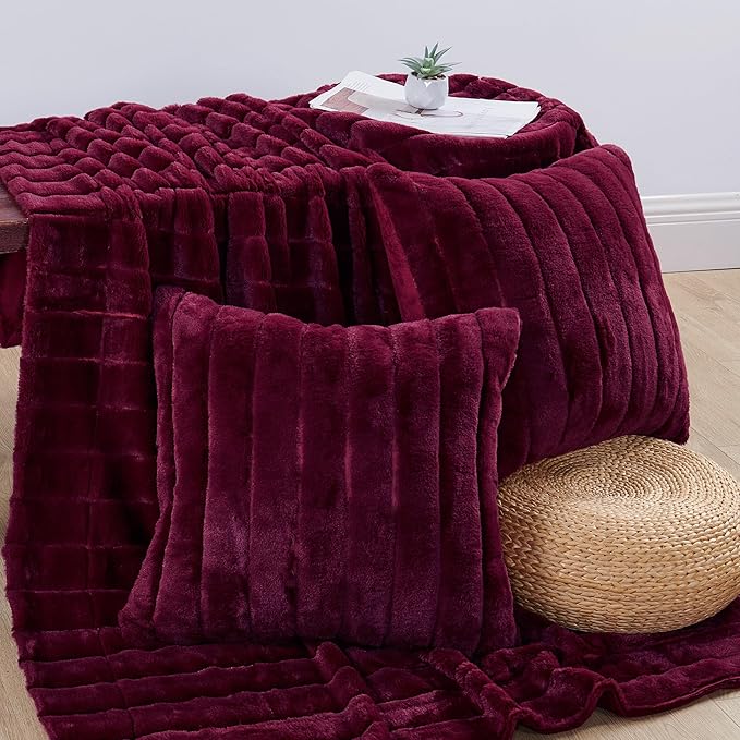 Striped Throw Blanket and Pillow Covers Set (No Inserts) for Couch and Bed, Plush Warm Lightweight Fuzzy Faux Fur Blanket for All Seasons (50" x 60", Burgundy)