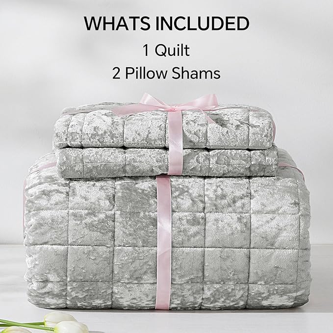 BEDELITE Velvet Quilt Set Queen Size - Luxury Velvet Comforter Bedding Set 3 Pieces, Lightweight Soft Cozy Shiny Light Grey Oversized Bedspread Coverlet for All Seasons with 2 Pillow Shams