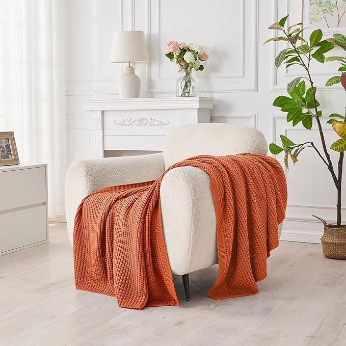 Douceur Rust Orange Throw Blanket for Bed, Soft Chunky Cable Knit Throw Blanket, Classic Fisherman's Rib Stitch Pattern Throw for Living Room,60"X80"