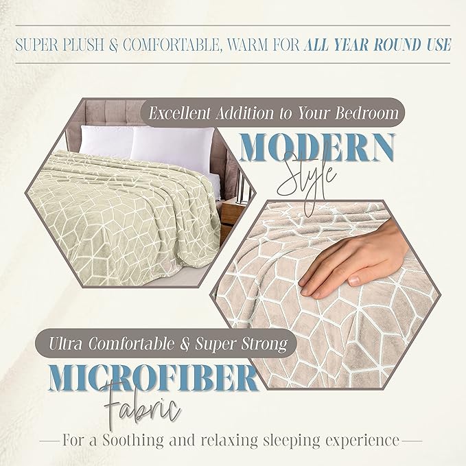 Elegant Comfort Luxury Velvety Feel Blanket, All-Season Lightweight Blanket, Ultra Plush, Soft, Cozy-Fuzzy Flannel Fleece for Couch, Sofa, Bed, Travel, Cube Design, Full/Queen, Cream
