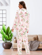 EPLAZA Silk Pajamas for Women Satin Pajamas Set 5 Pcs Long Sleeve Print Pattern Button Down Pjs Sleepwear Loungewear Set