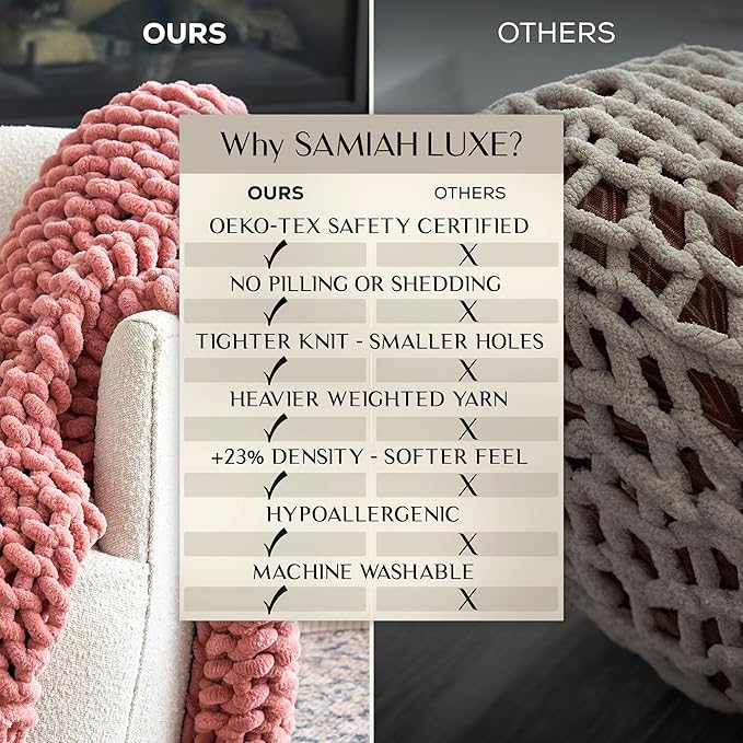 SAMIAH LUXE Chunky Knit Blanket Throw 50x30", Pink Chenille Chunky Knit Throw Blankets for Living Room Decor or Boho Decor, Personal Lap Blanket for Couch or Bed, Cable Knitted Crochet Lap Blankets