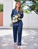 Ekouaer Satin Pajama Set for Women Silky Sleepwear Long Sleeve Top and Pants Button Down Pjs Lounge Set
