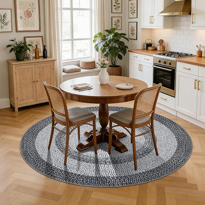 Modern Bordered Round Area Rug 4ft Washable Bedroom Circle Rugs Non Slip Stain Resistant Dining Room Round Throw Carpet Contemporary Circle Mats for Living Room Kitchen Nursery, Grey