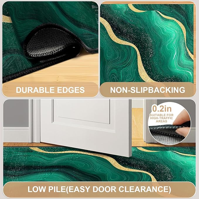 Green Marble Area Rug 2x3 ft Entry Rug Washable Boho Rugs Non Slip Low Pile Floral Door Mat Small Carpet for Bedroom, Bedside, Kids Room, Office, Dining Room