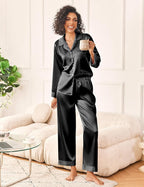 Ekouaer Womens Silk Satin Pajama Sets 2 Piece Sleepwear Pjs Set Long Sleeve Button Down Top and Pants Stripe Loungewear S-XXL