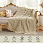 Amélie Home Knit Throw Blanket, Soft Chenille Cozy Breathable Chevron Chunky Decorative Blanket for Couch, Bed & Sofa, French-Inspired Lightweight Warm Gift for Women, Beige, 50"x60"