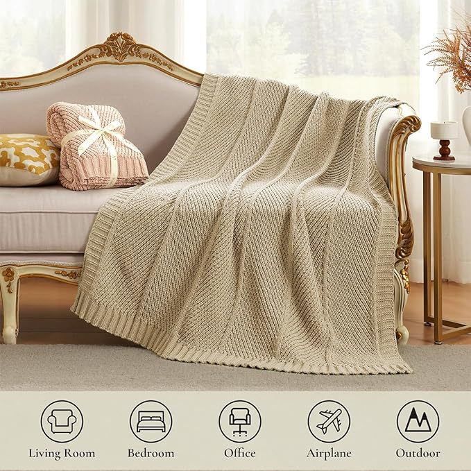 Amélie Home Knit Throw Blanket, Soft Chenille Cozy Breathable Chevron Chunky Decorative Blanket for Couch, Bed & Sofa, French-Inspired Lightweight Warm Gift for Women, Beige, 50"x60"