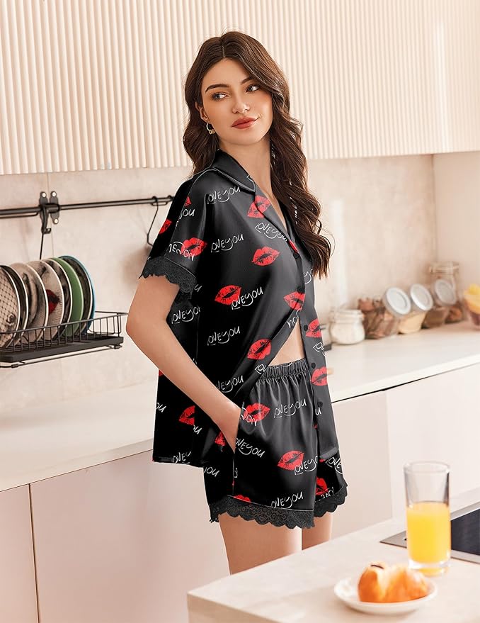 Ekouaer Womens Lace Satin Pajama Set Button Down Pj Shorts Set Bridesmaids Getting Ready Outfits Casual Sleepwear XS-XXL